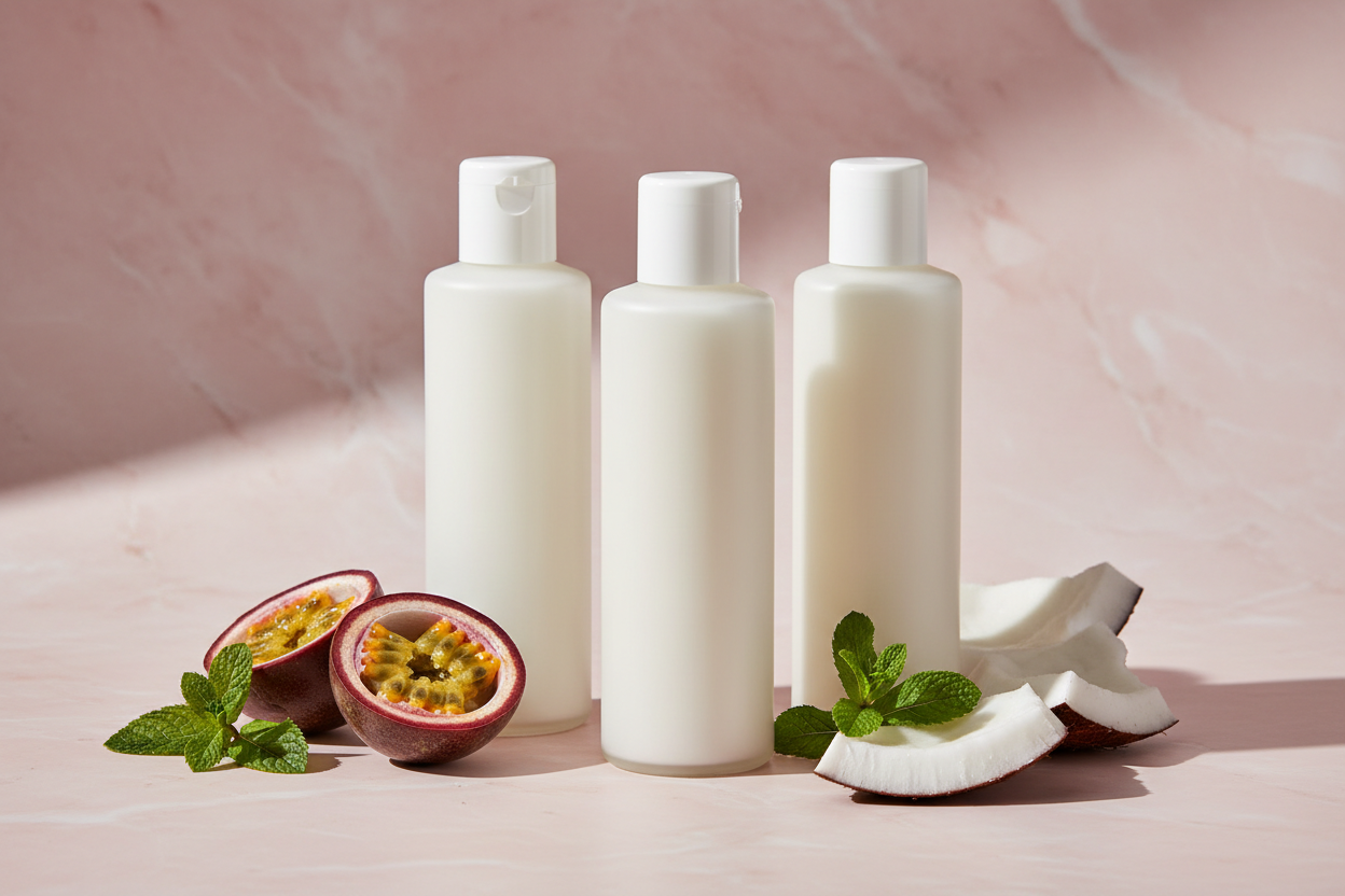 Minimalist botanical body care image with unlabeled capped bottles, no text, no logos, no brand names, tropical accents (passion fruit, coconut, mint), soft pink marble background with subtle shadows, natural light, clean cohesive aesthetic.