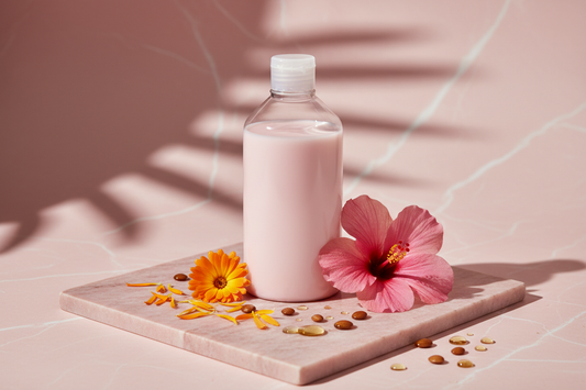 minimalist-botanical-body-care-image-with-unlabeled-capped-plastic squeezable bottle with soft pink lotion-no-text-no-logos-no-brand-names-tropical-accents-calendula petals-hibiscus flower-jojoba oil-soft-pink-marble-background-with-subtle shadow