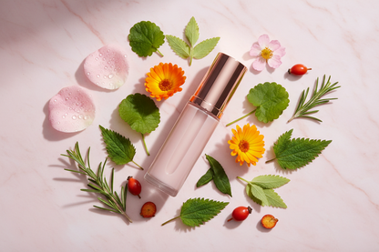 soft pink background, marble, photoshoot, minimalistic, gold rose cap and clear body airless pump with pink lotion, no logo, no name, Rosa Damascena Flower Water, Aqua, Seed Oil, Centella Asiatica, Calendula Officinalis Flower Extract, Rosmarinus Officinalis Leaf Extract, Camellia Sinensis Leaf, Urtica Dioica Leaf Extract, Melissa Officinalis Leaf, Rosa Rubiginosa Flower, Rosa Canina pieces.